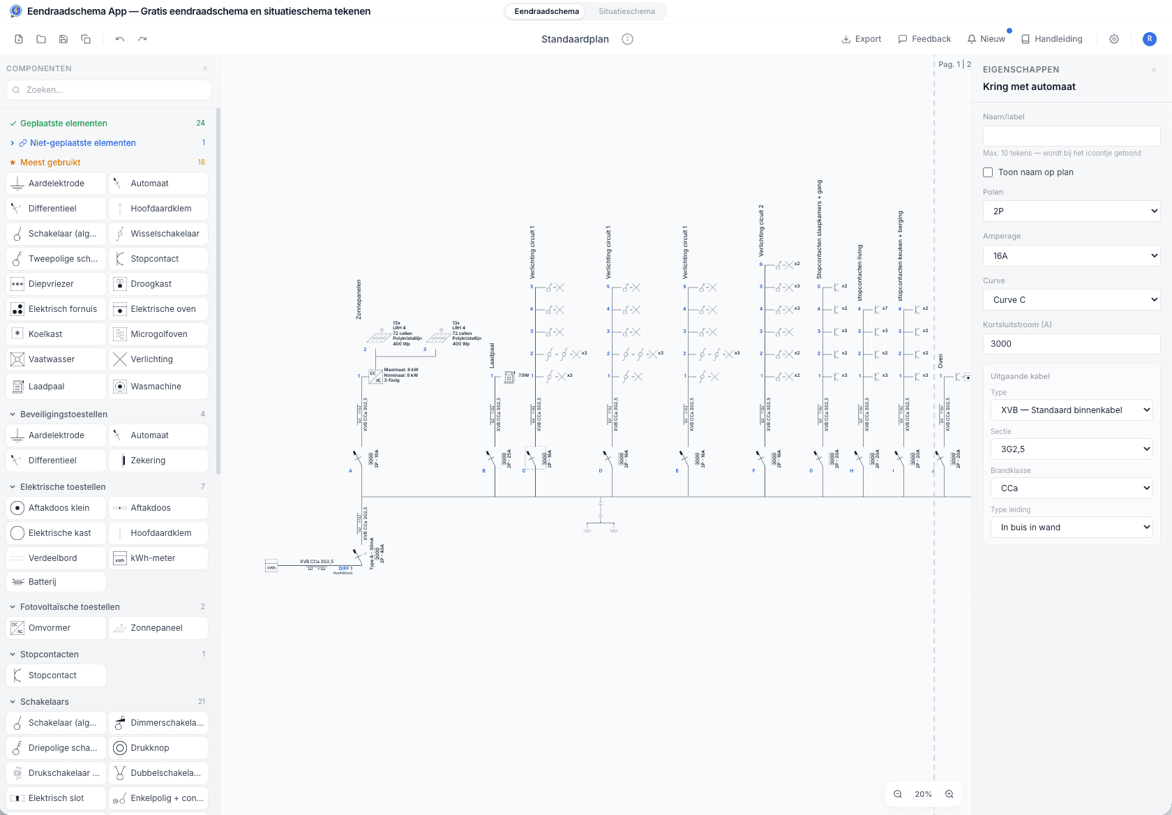 Editor van de Eendraadschema app met een voorbeeld eendraadschema