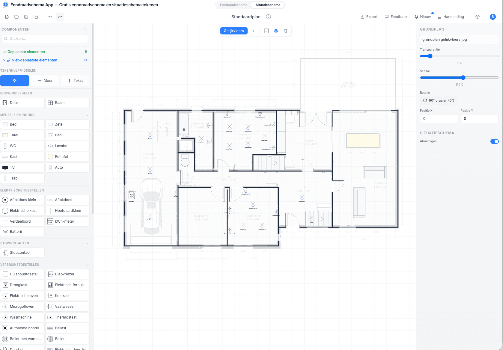 Situatieschema editor met grondplan van een woning in de Eendraadschema app