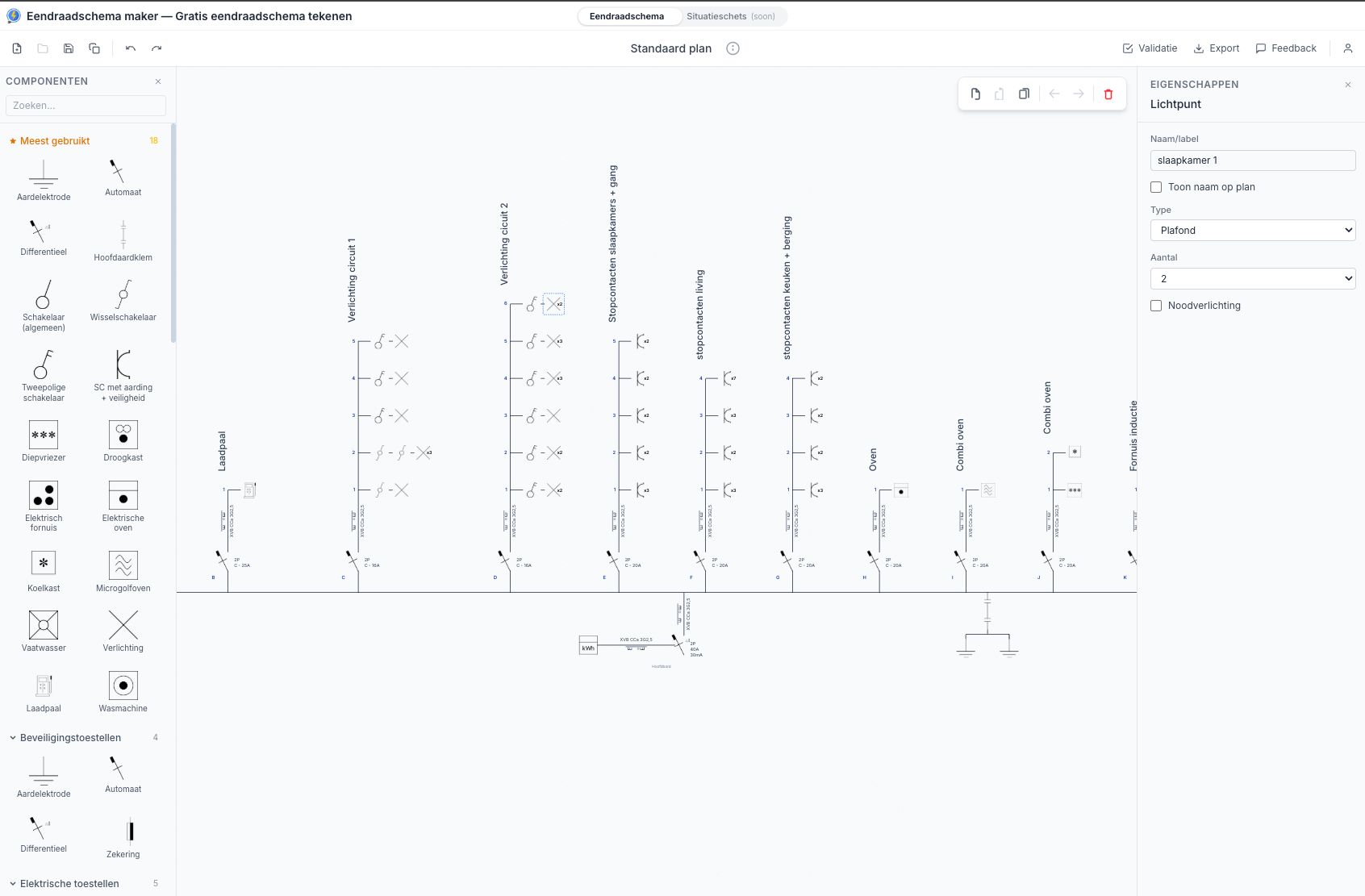 Eendraadschema Maker editor met een voorbeeld eendraadschema